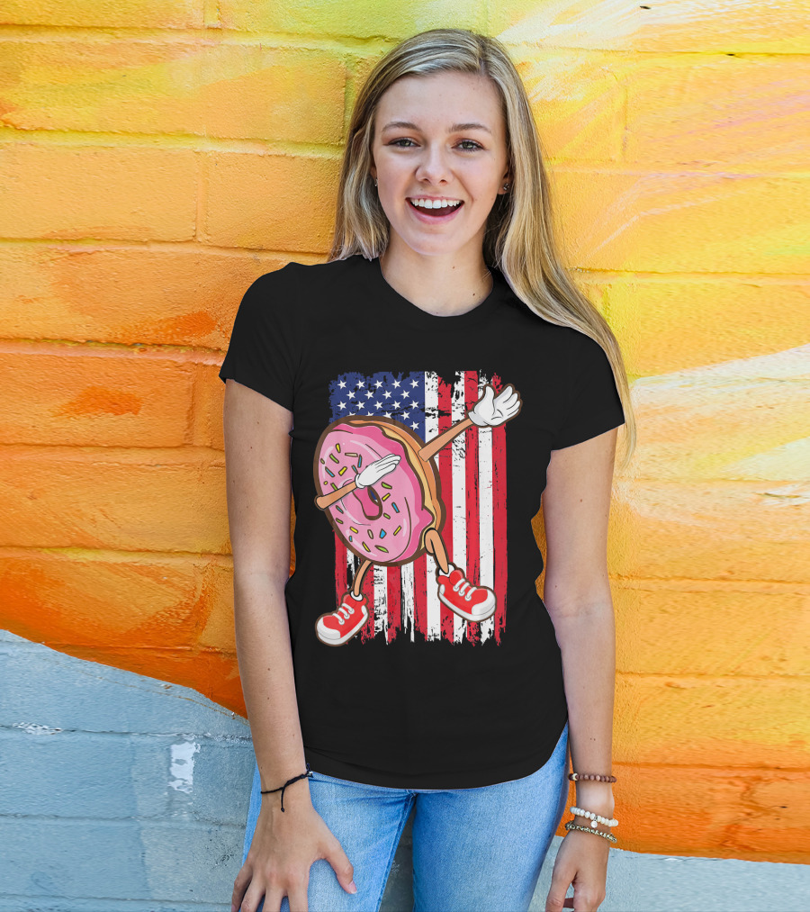 Dabbing American USA Strawberry Frosted Donut On Flag Background T-Shirt