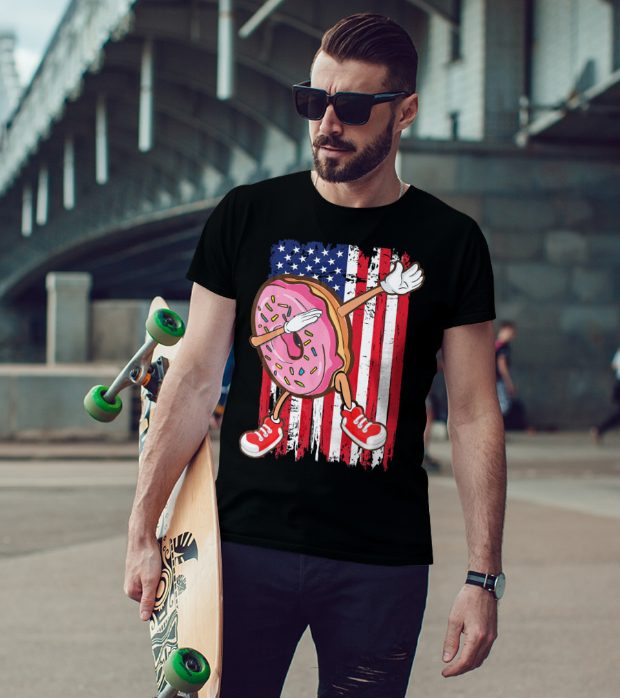 Dabbing American USA Strawberry Frosted Donut On Flag Background T-Shirt