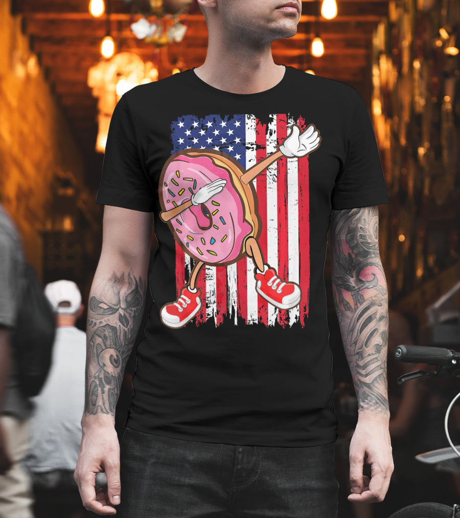 Dabbing American USA Strawberry Frosted Donut On Flag Background T-Shirt