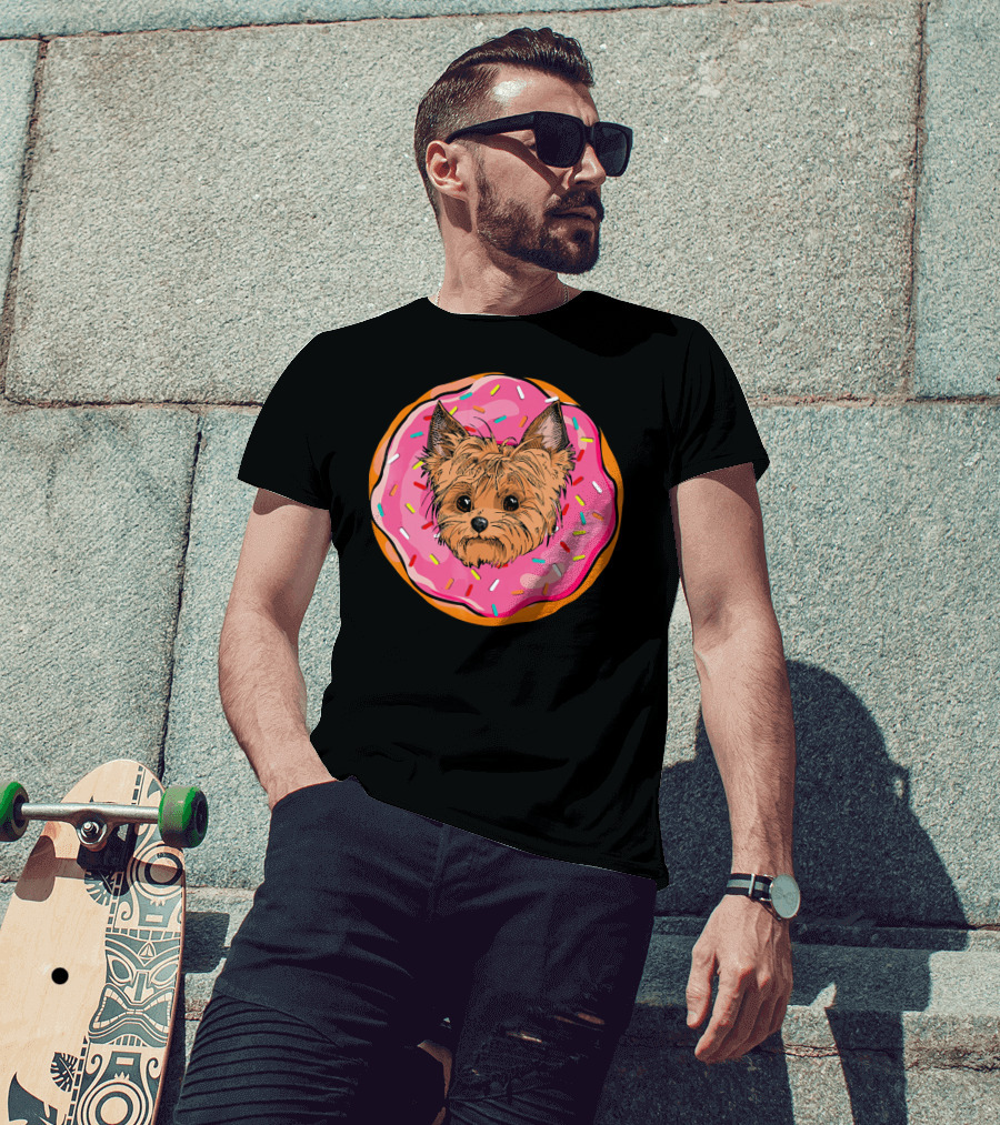 Funny Donut Dog Face Yorkie Yorkie Donut Sprinkles T-Shirt