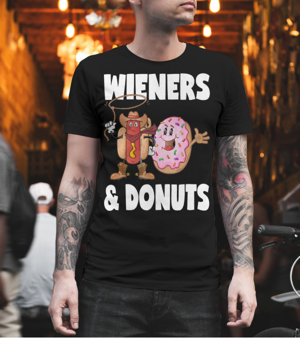 WIENERS and DONUTS Funny Vintage Hot Dog Cowboy and Happy Donut with Sprinkles T-Shirt WIENERS and DONUTS Funny Vintage Hot Dog Cowboy and Happy Donut with Sprinkles T-Shirt