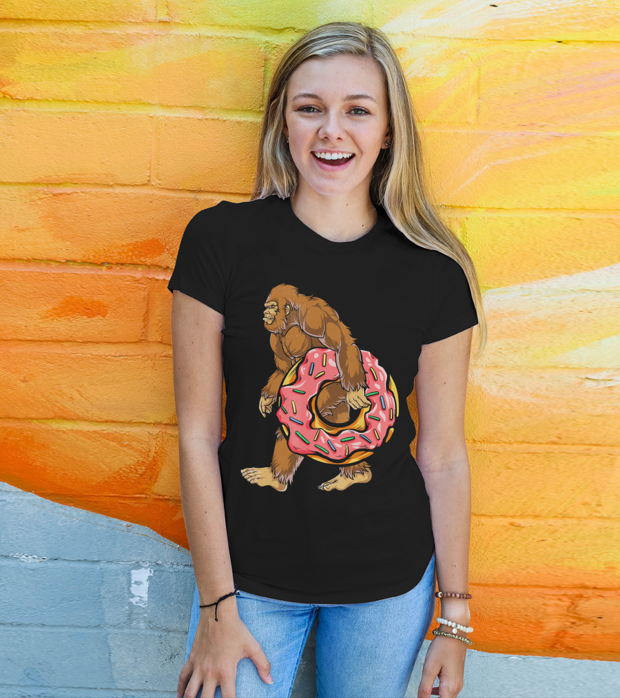 Bigfoot Sasquatch Holding Sprinkled Donut T-Shirt