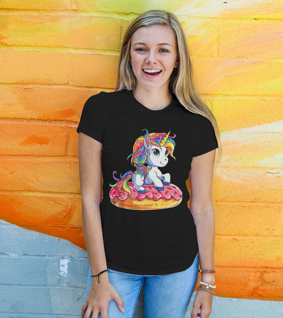 Rainbow Unicorn Sitting On Donut Girls Kids T-Shirt