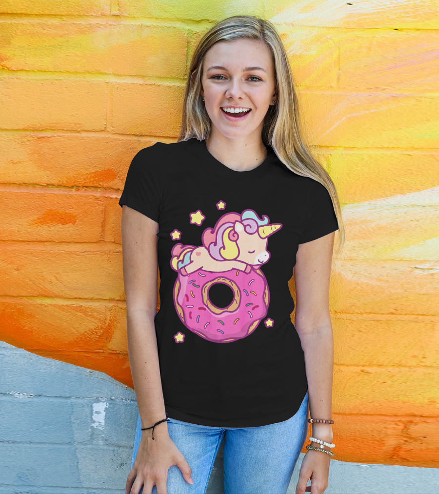 Cute Unicorn Donut Girls Kids Donut Day Sleepy Starry Sprinkle Delight T-Shirt