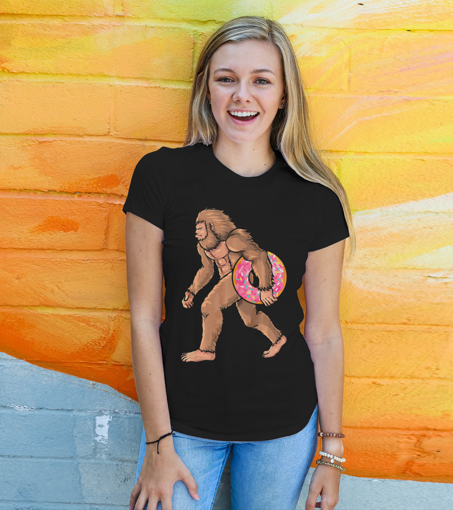 Bigfoot With Sprinkled Doughnut Walking Image T-Shirt