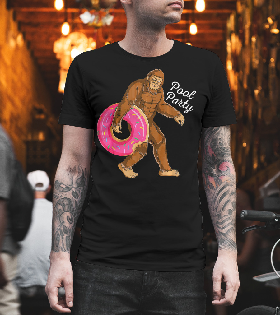 Pool Party Bigfoot Sasquatch with Donut Floaty T-Shirt