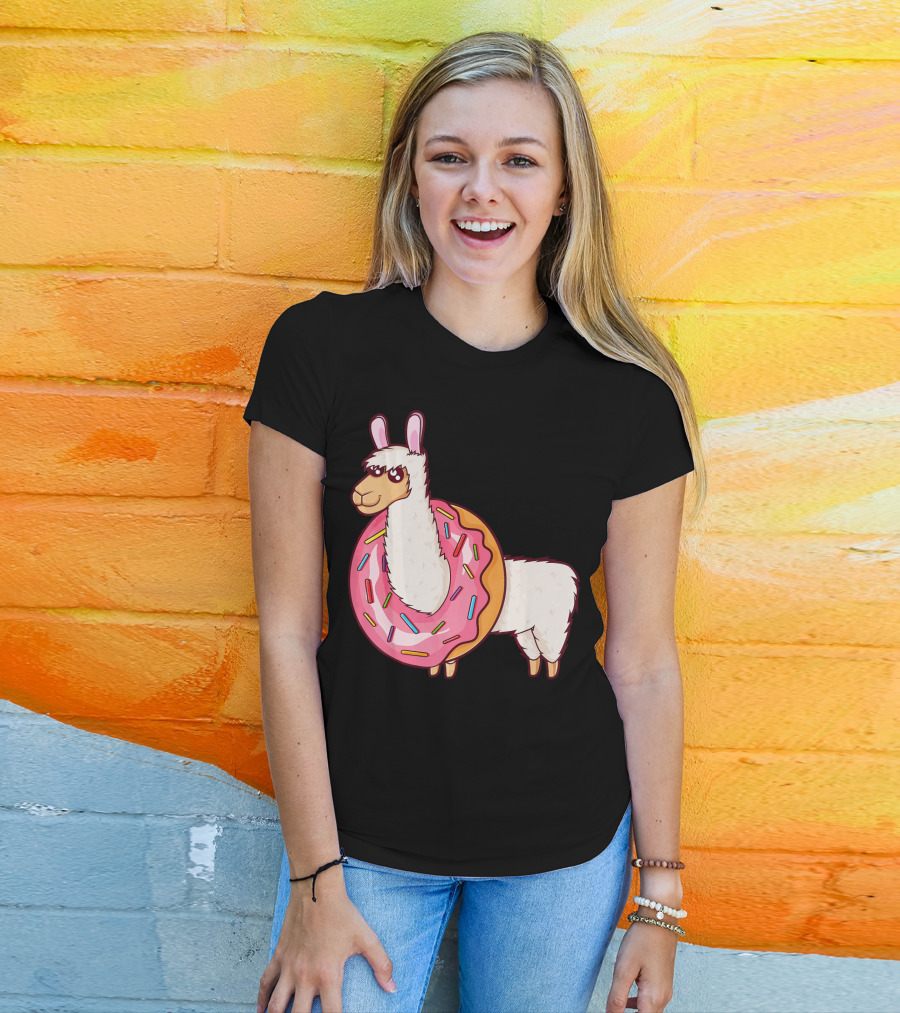 Cute Llama In A Sprinkled Donut Hole Alpaca T-Shirt
