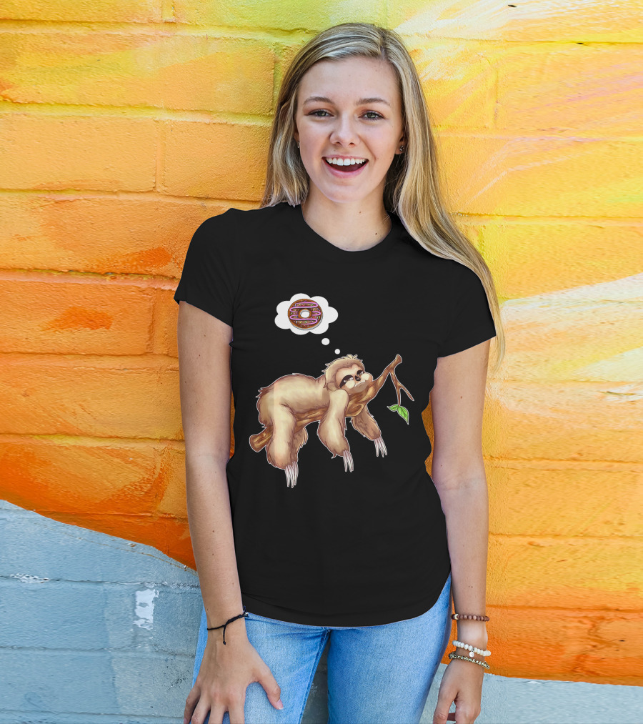 Lazy Sloth Dreaming Of Chocolate Donuts Sleepy Humor T-Shirt