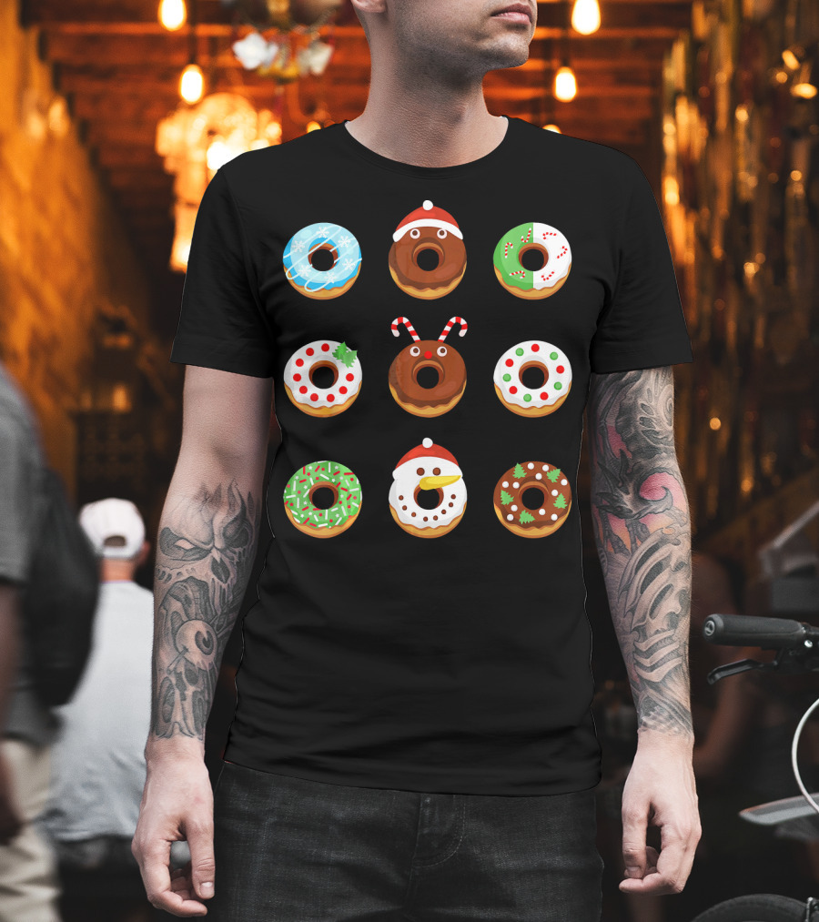 Christmas Donut Snowflakes Santa Candy Canes Holly Wreath Trees Snowman T-Shirt