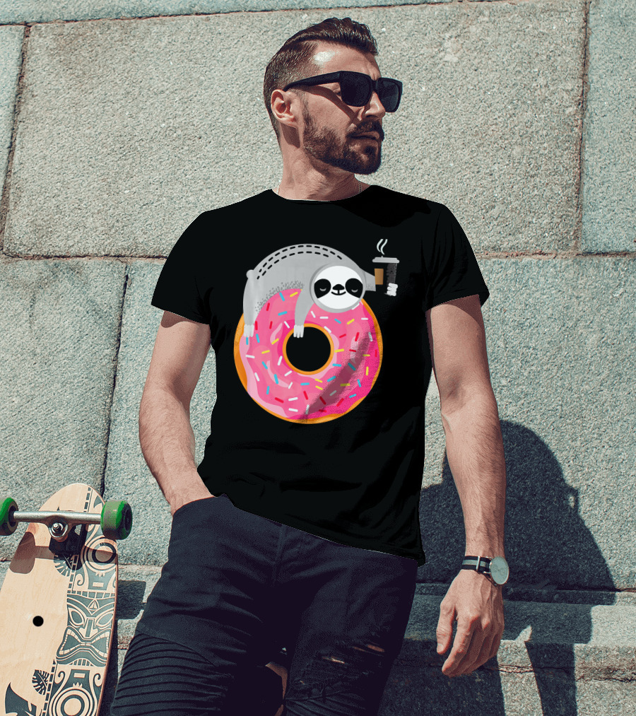 Sloth Relaxing On Sprinkled Donut Holding Steaming Coffee Cup T-Shirt