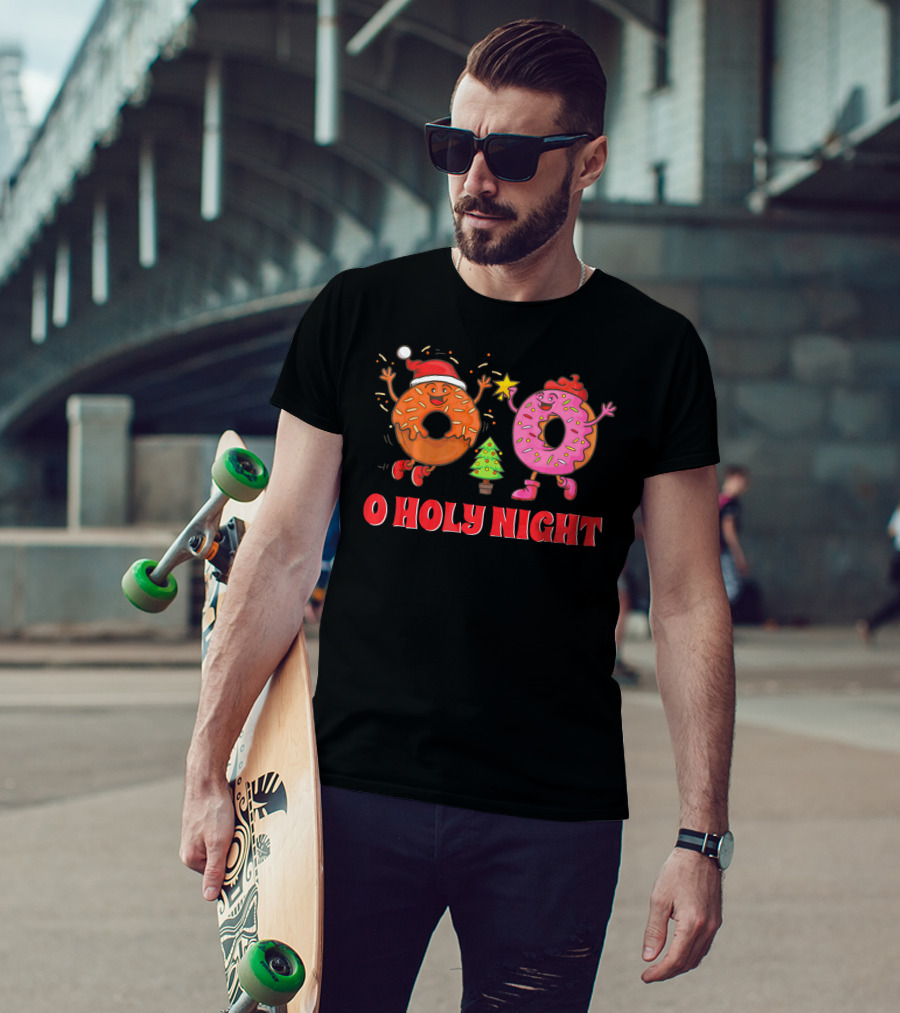 O Holy Night Christmas Donuts With Santa Hat And Tree T-Shirt