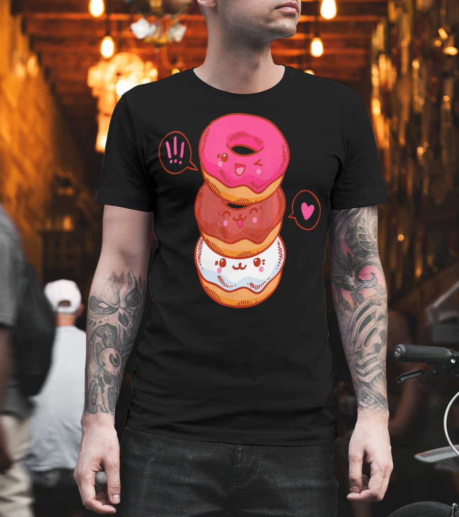 Kawaii Donuts Stack With Cute Faces And Heart T-Shirt