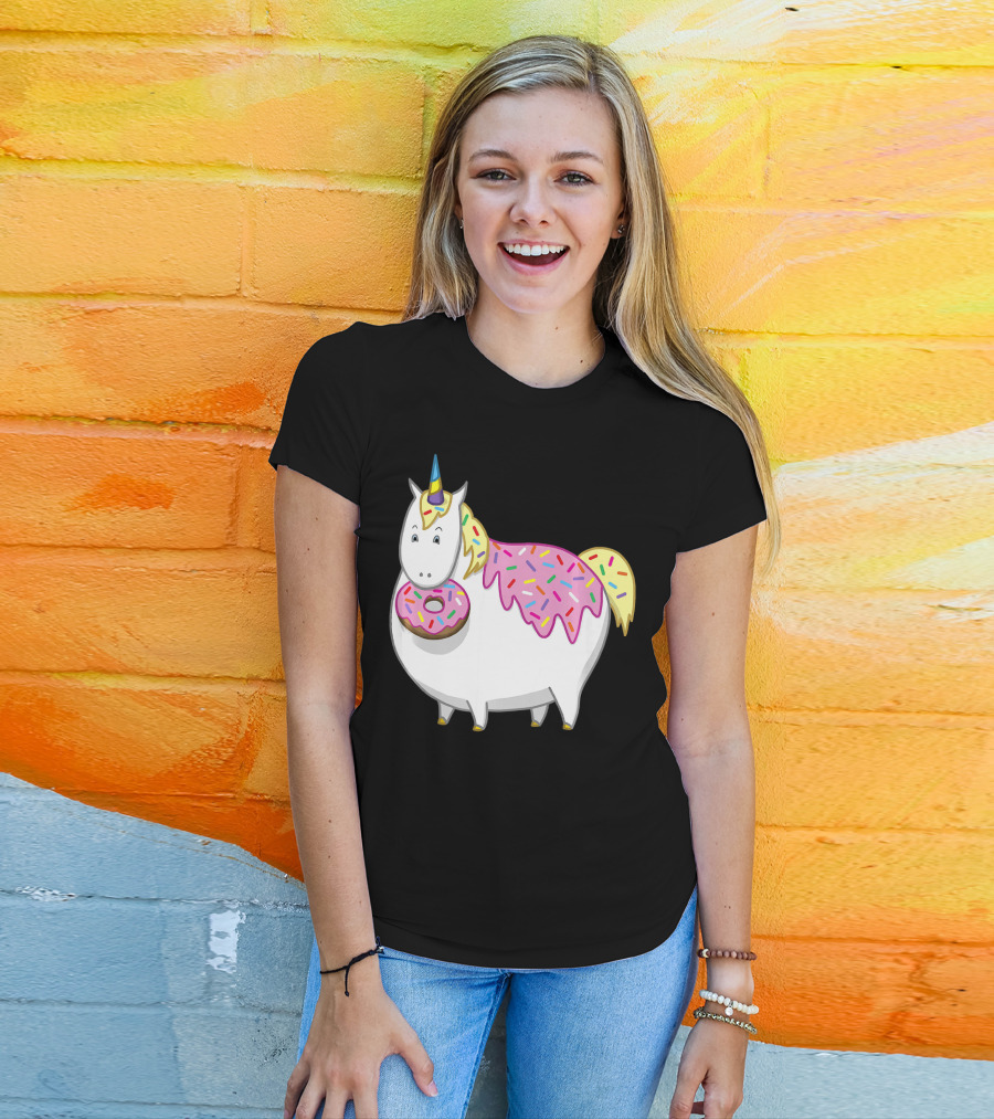 Funny Cute Fat Unicorn With Pink Frosting Doughnut T-Shirt