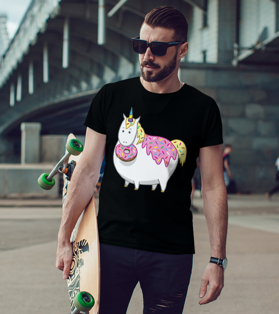 Funny Cute Fat Unicorn With Pink Frosting Doughnut T-Shirt