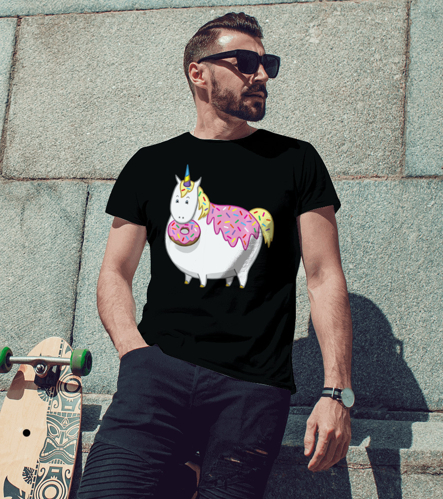 Funny Cute Fat Unicorn With Pink Frosting Doughnut T-Shirt