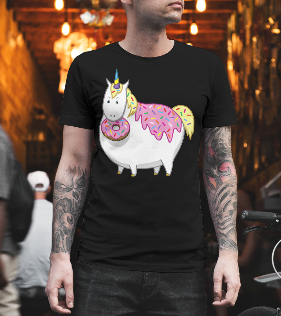 Funny Cute Fat Unicorn with Pink Frosting Doughnut T-Shirt