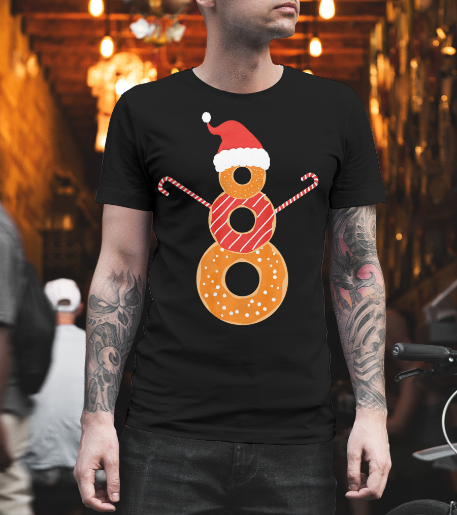 Santa Hat Donuts Doughnut Snowman With Candy Cane Arms T-Shirt