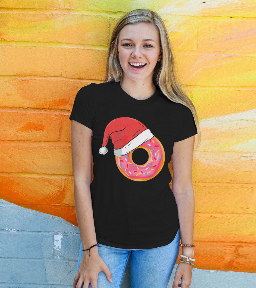 Santa Hat On Sprinkled Donut Holiday Humor T-Shirt