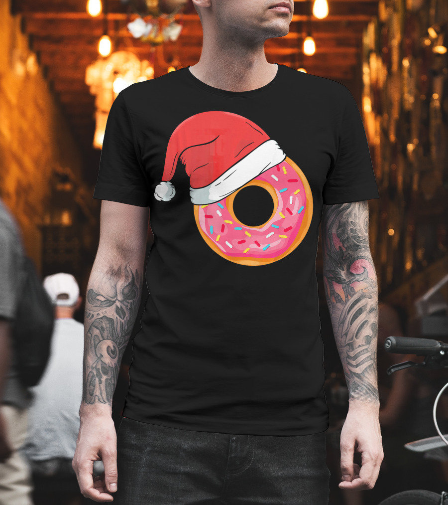 Santa Hat on Sprinkled Donut Holiday Humor T-Shirt