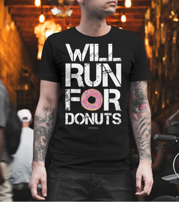 Will Run for Donuts Lumowell with Pink Frosted Doughnut T-Shirt Will Run for Donuts Lumowell with Pink Frosted Doughnut T-Shirt