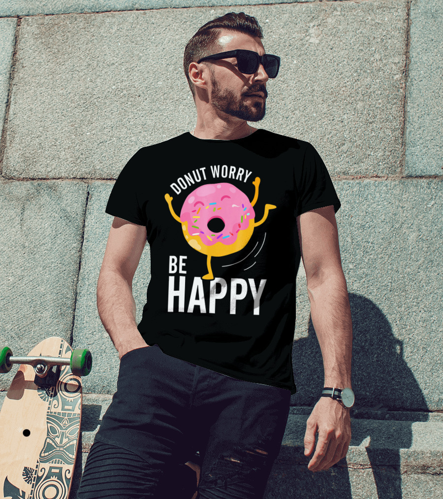 Donut Worry Be Happy Pink Sprinkled Dancing Donut T-Shirt