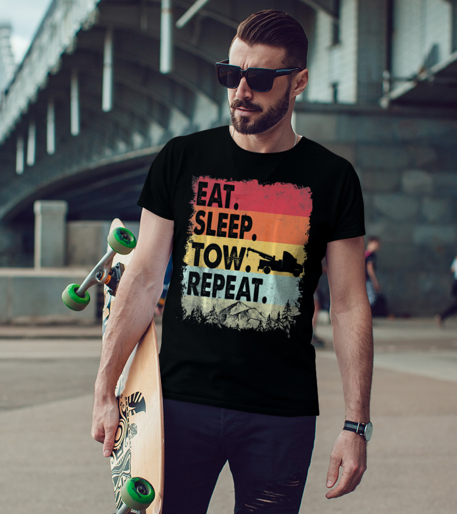 Eat Sleep Tow Repeat Funny Tow Truck Vintage Sunset Mountains Forest T-Shirt