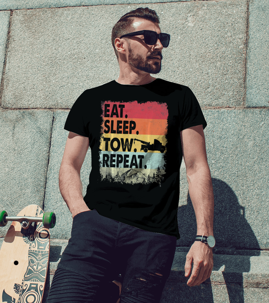 Eat Sleep Tow Repeat Funny Tow Truck Vintage Sunset Mountains Forest T-Shirt