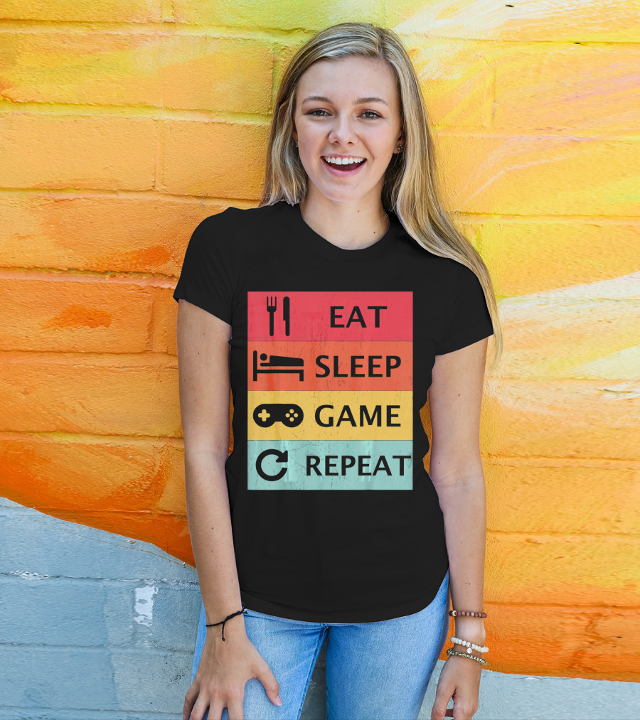 Eat Sleep Game Repeat Meme Retro Icons T-Shirt
