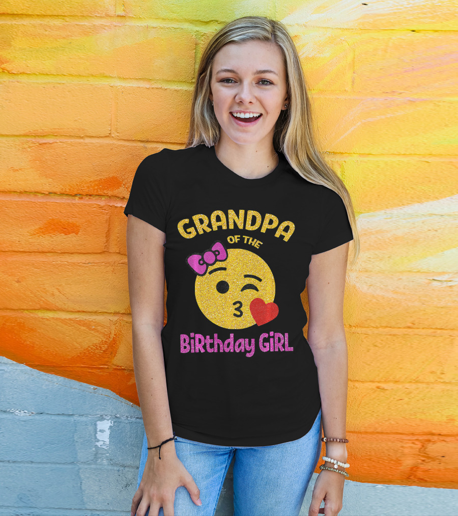 Grandpa Of The Birthday Girl Glitter Emoji Pink Bow Heart Kiss T-Shirt