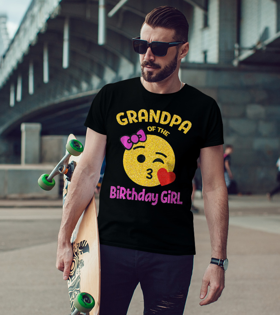 Grandpa Of The Birthday Girl Glitter Emoji Pink Bow Heart Kiss T-Shirt