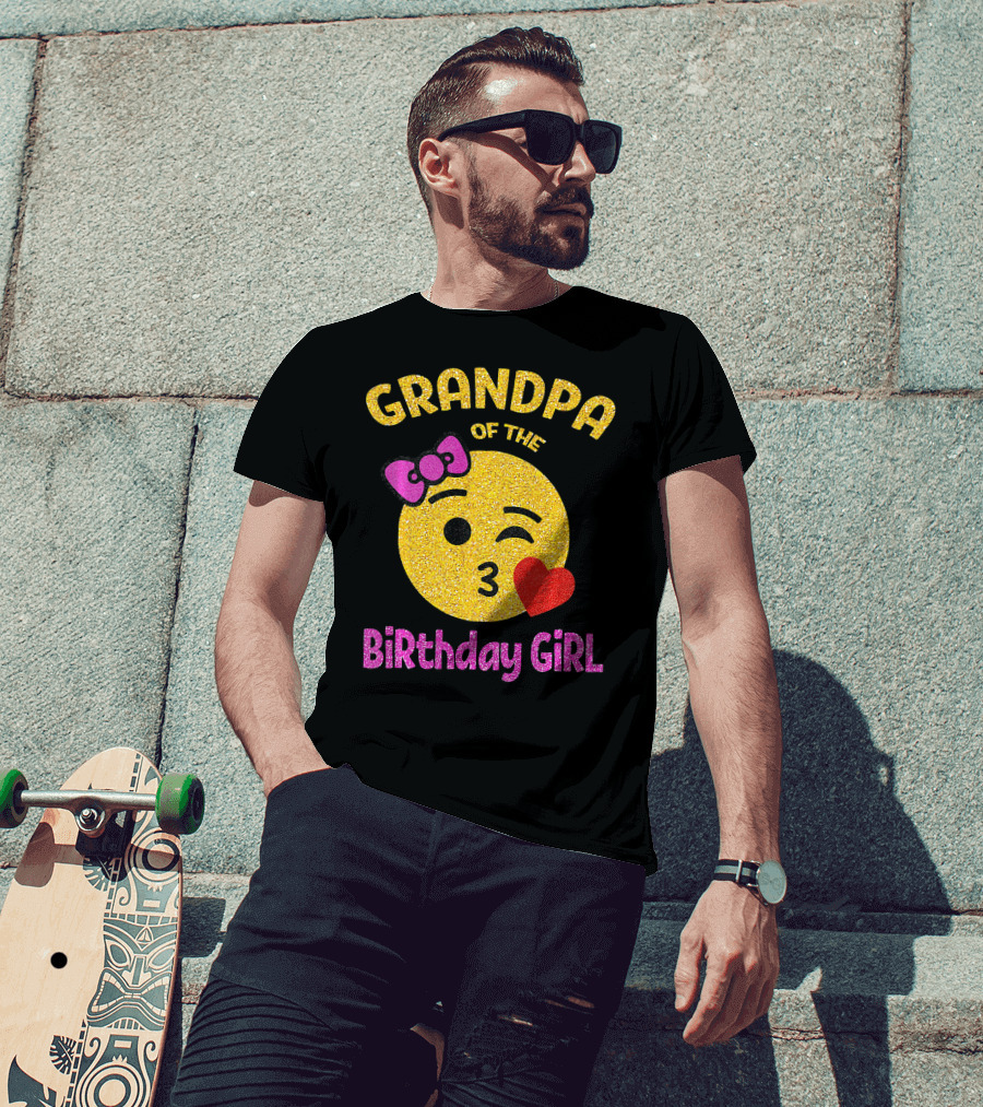 Grandpa Of The Birthday Girl Glitter Emoji Pink Bow Heart Kiss T-Shirt