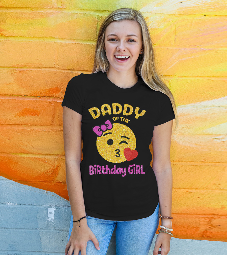 Daddy Of The Birthday Girl Emoji Pink Glitter Heart Bow T-Shirt