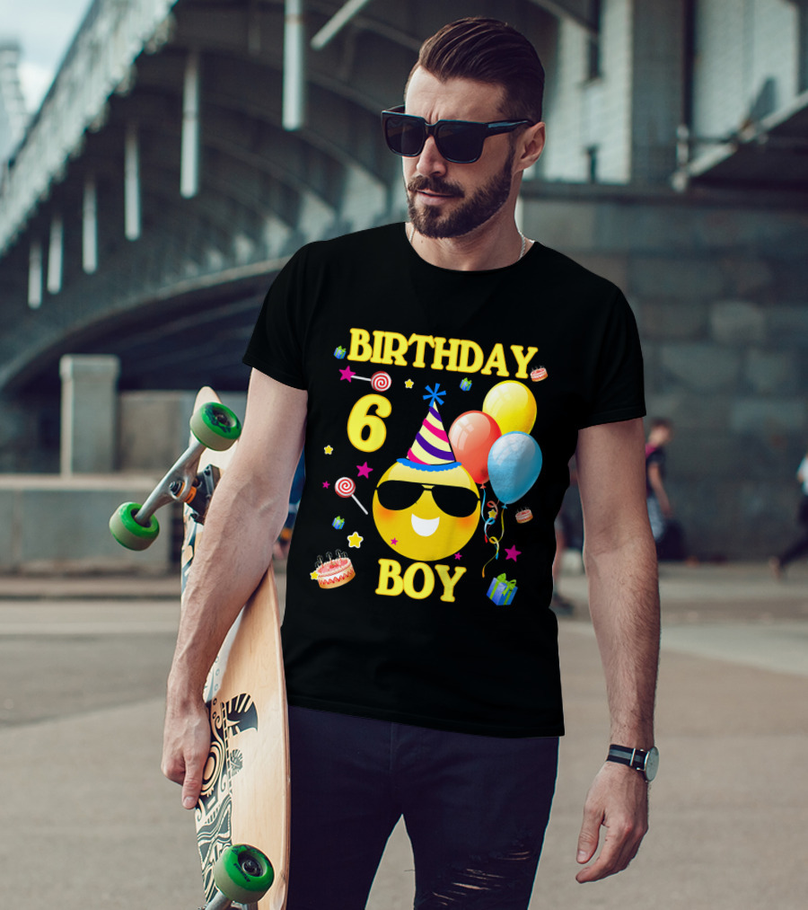 Birthday 6 Boy Emoji With Party Hat And Balloons T-Shirt