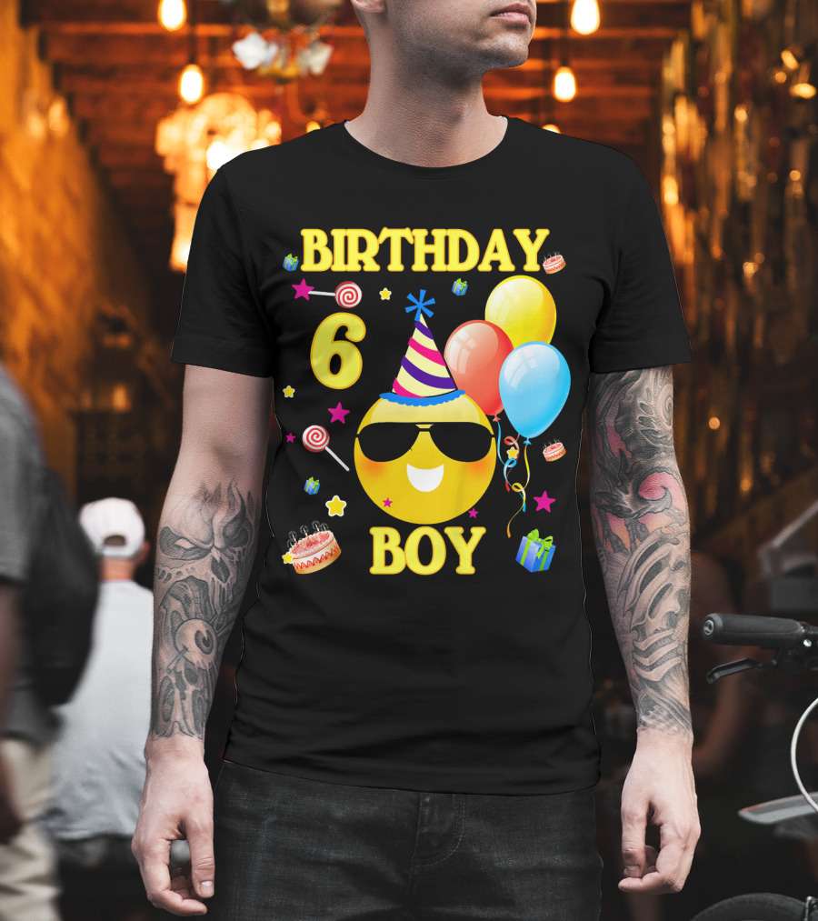 Birthday 6 Boy Emoji With Party Hat And Balloons T-Shirt