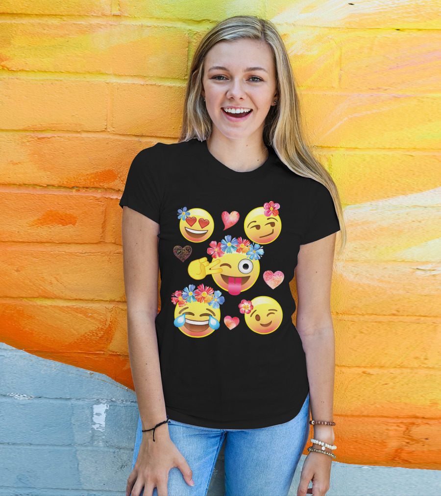 Cute Emoji Flower Crowns Heart Eyes Wink Tongue Out Laughing Crying Hearts T-Shirt