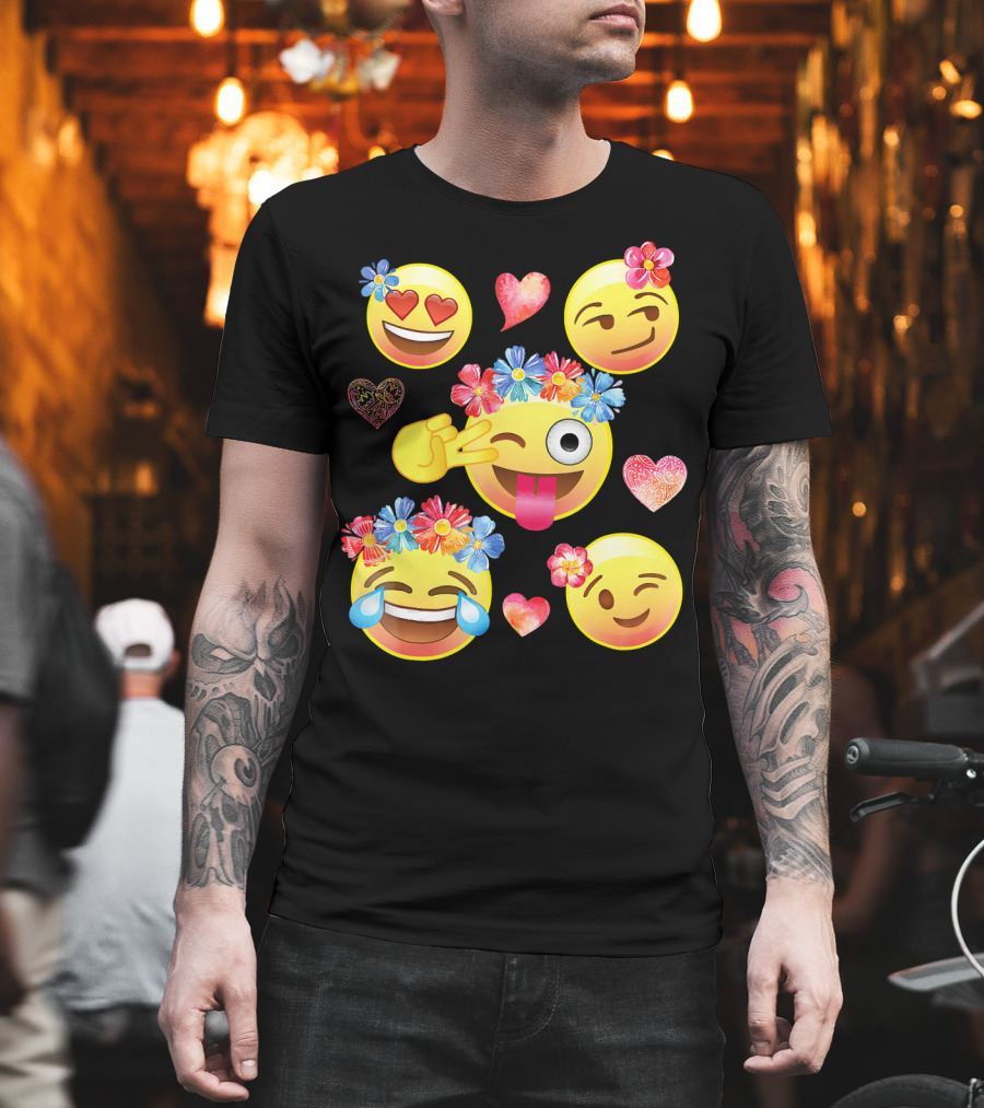 Cute Emoji Flower Crowns Heart Eyes Wink Tongue Out Laughing Crying Hearts T-Shirt