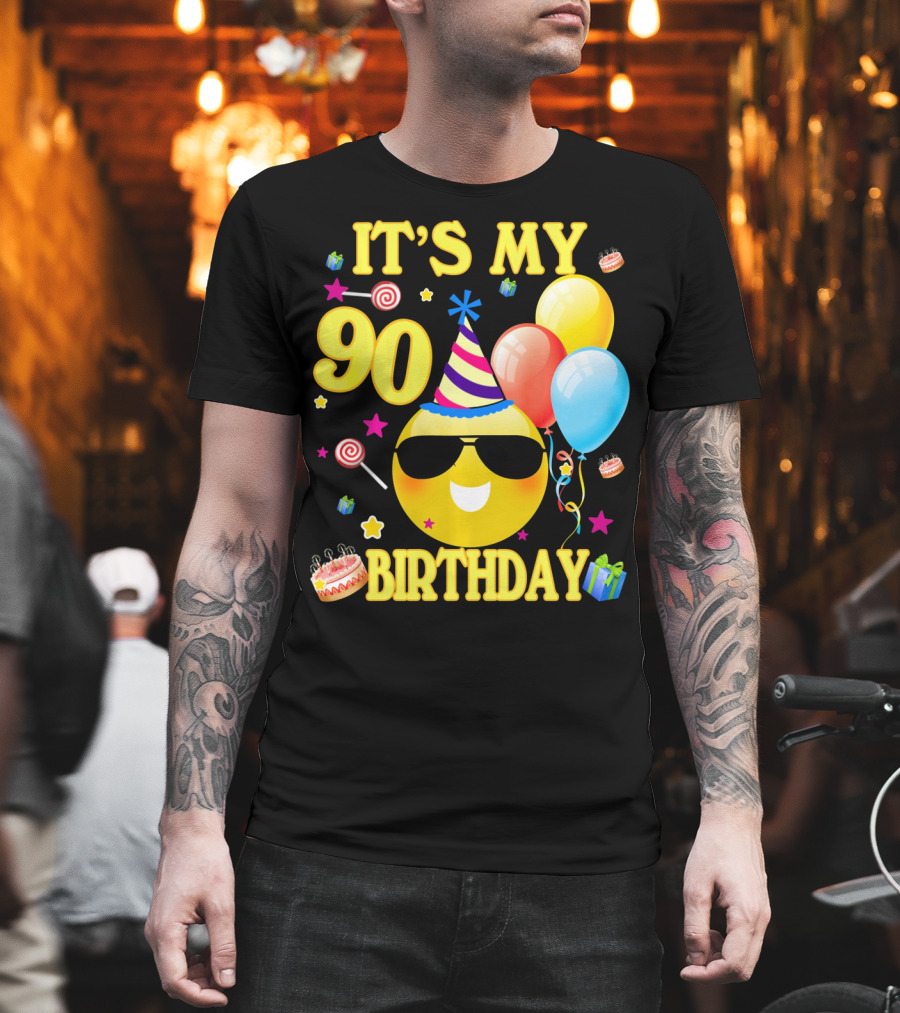 It's My 90 Birthday Cute Emoji Cake Balloons Party Hat T-Shirt