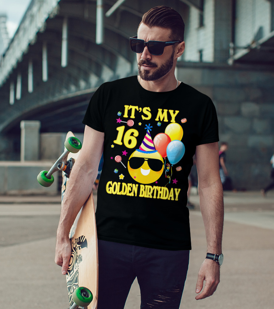 It's My 16 Golden Birthday Emoji Balloons Party Hat T-Shirt