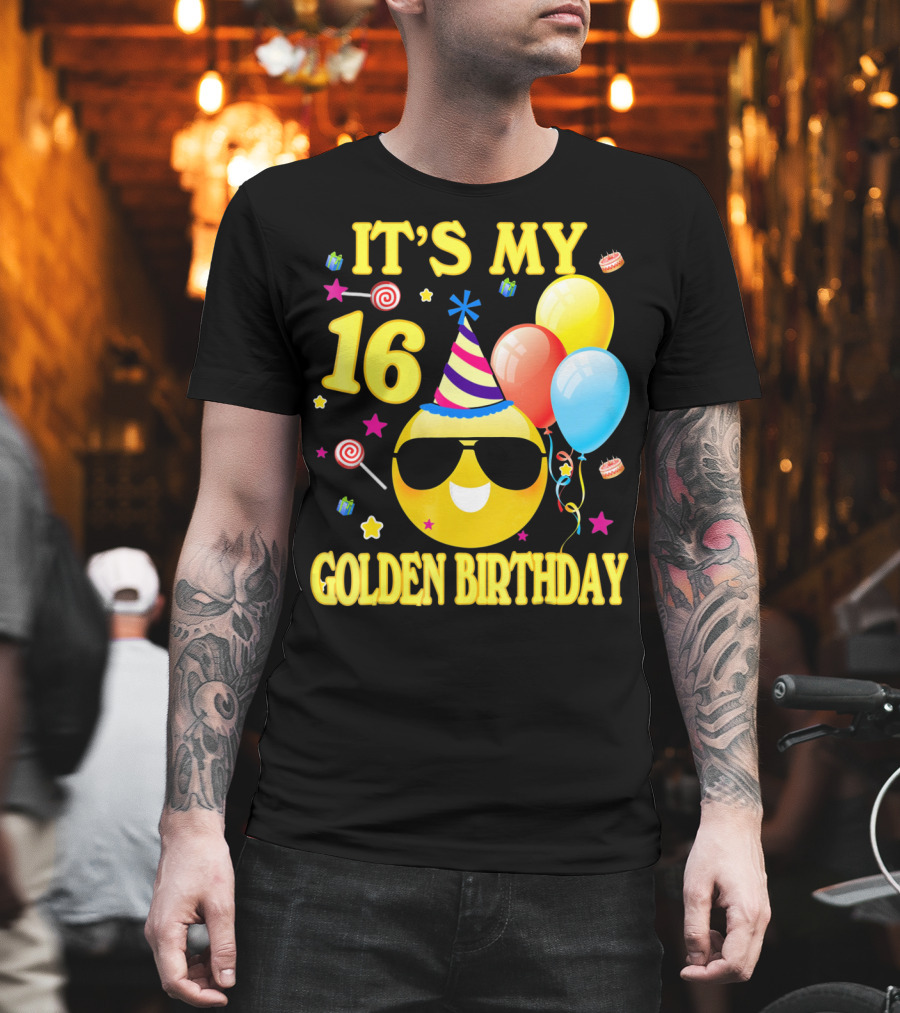 It's My 16 Golden Birthday Emoji Balloons Party Hat T-Shirt
