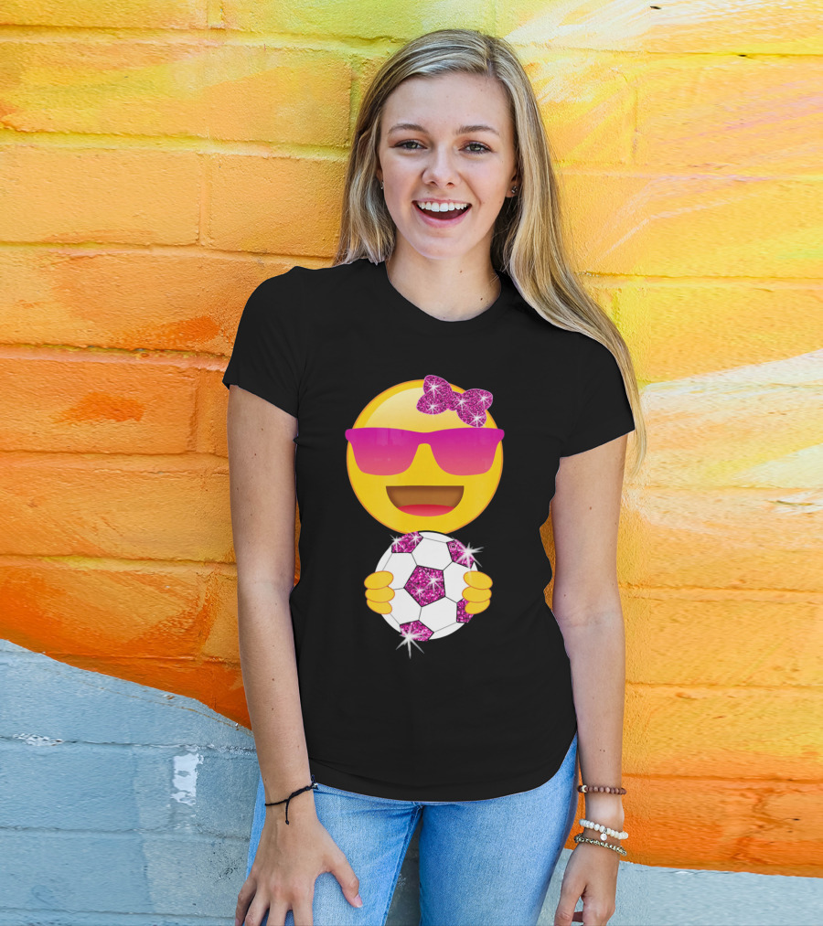 Cute Emoji With Sunglasses Holding A Sparkling Soccer Ball And Glitter Bow T-Shirt