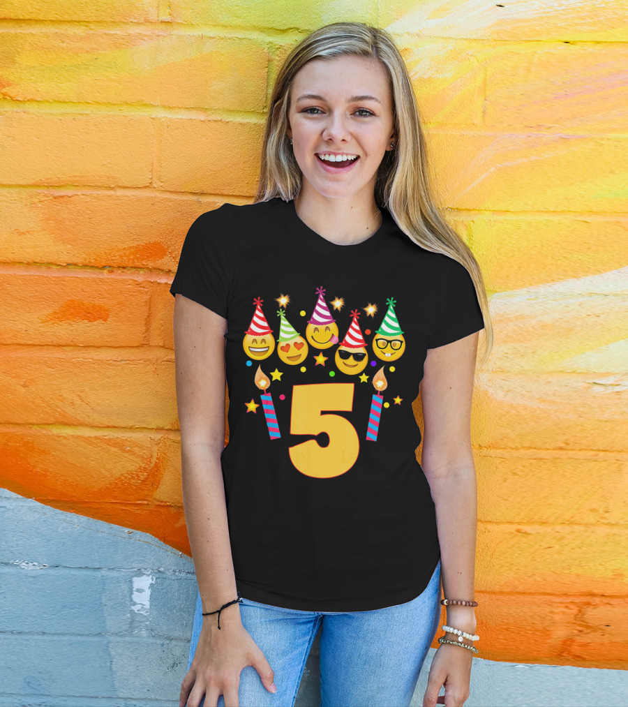 Five Year Old Birthday With Party Emoji Faces And Candles T-Shirt