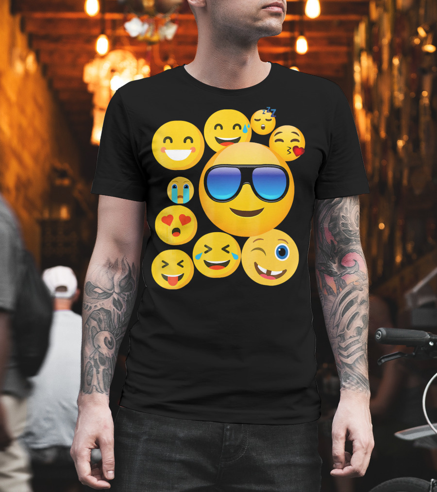 Emoji Wear Cool Smiley Faces with Sunglasses and Cute Emoticon Expressions T-Shirt