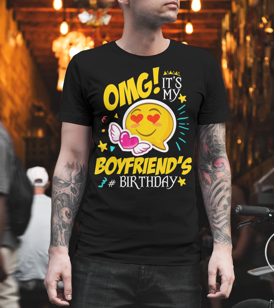 OMG It's My Boyfriend's Birthday Cool Emo Emoji Hearts Wings T-Shirt