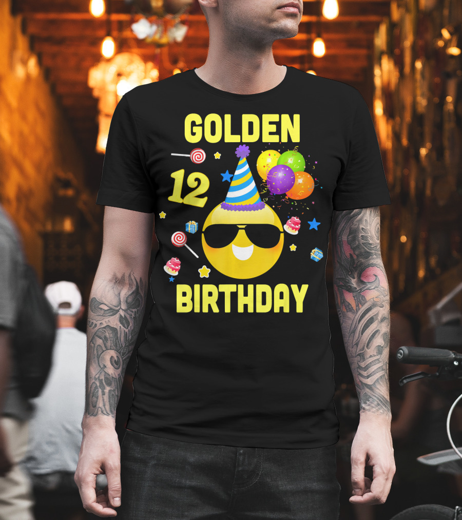 Golden Birthday 12 Emoji Party Hat Sunglasses Balloons Confetti T-Shirt