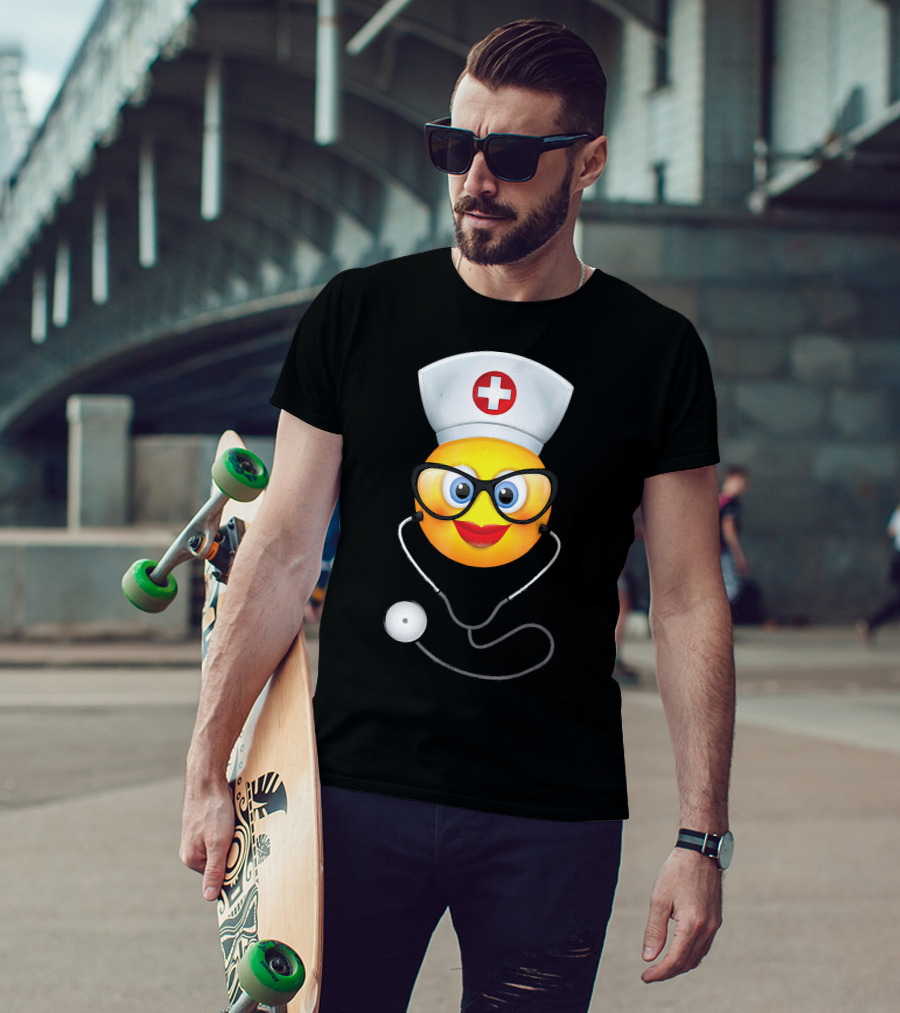Nurse Halloween Funny Emoji Glasses Stethoscope T-Shirt