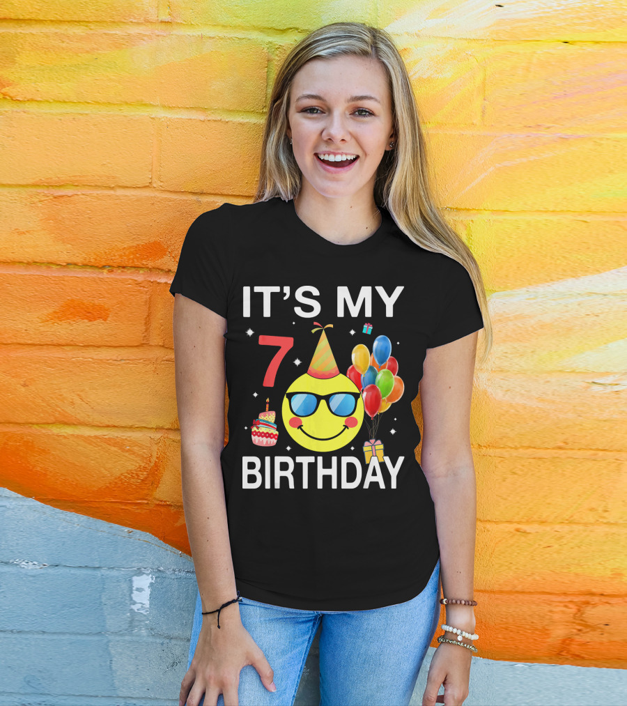 IT'S MY 7 BIRTHDAY Emoji Party Hat Sunglasses Balloons Cake T-Shirt