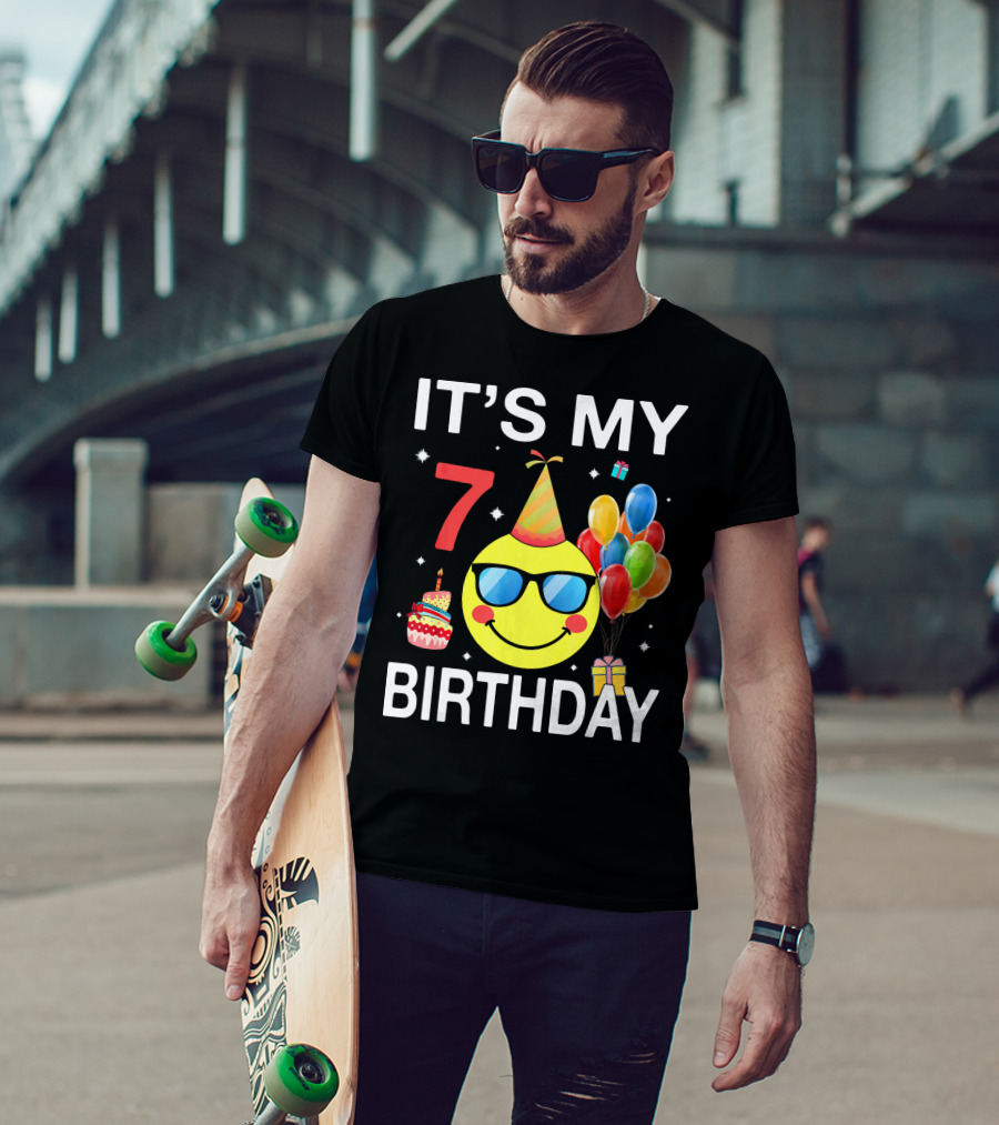 IT'S MY 7 BIRTHDAY Emoji Party Hat Sunglasses Balloons Cake T-Shirt