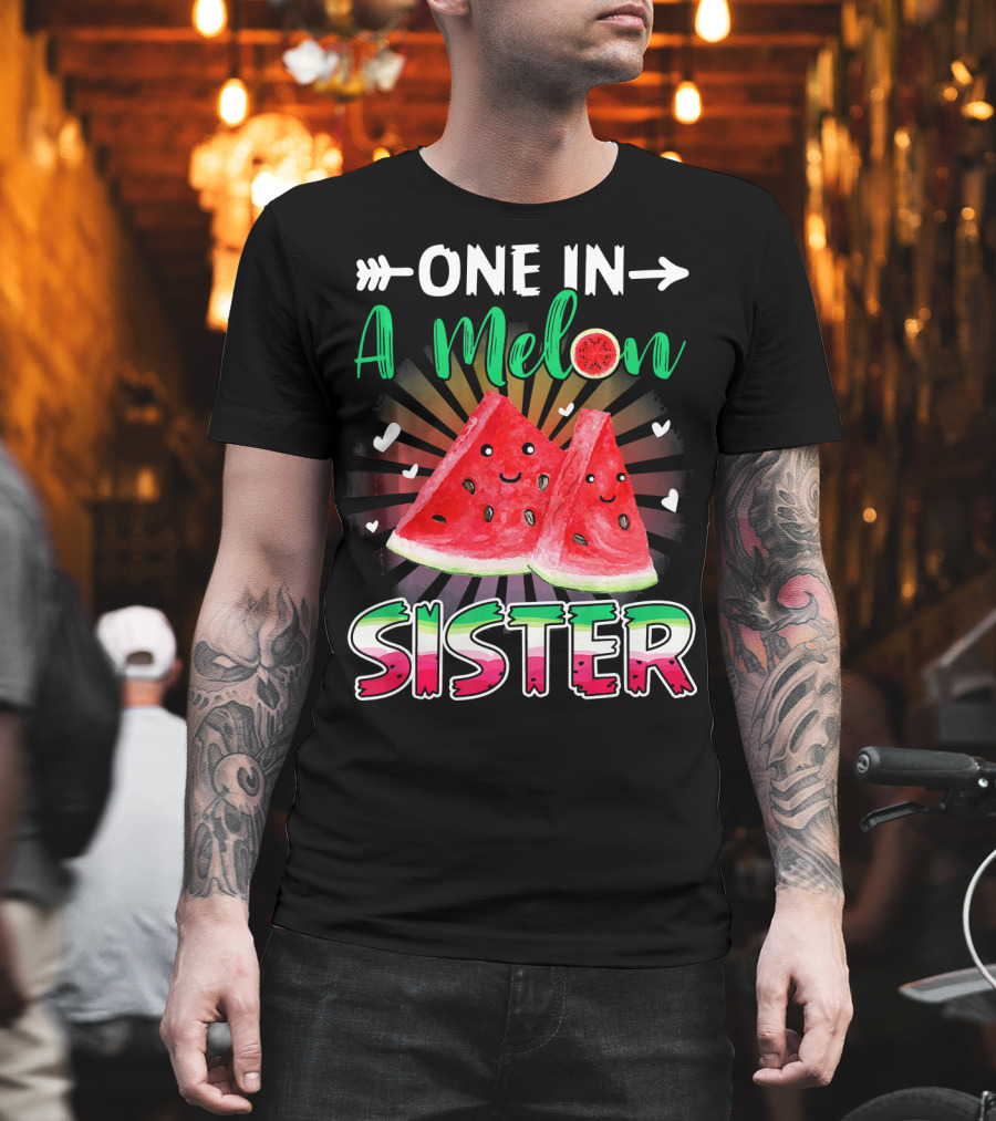 One In A Melon Sister Funny Watermelon with Smiling Slices and Hearts T-Shirt