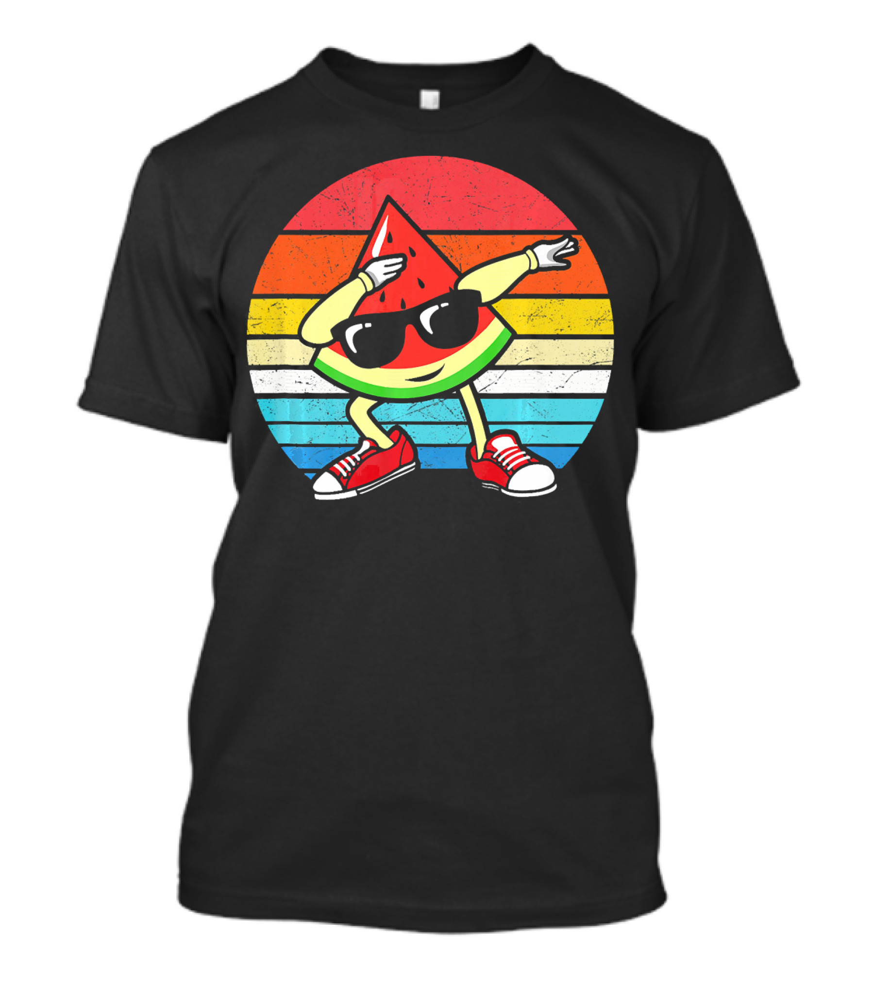 Dabbing Watermelon Vintage Summer Retro Sunset Stripes T-Shirt