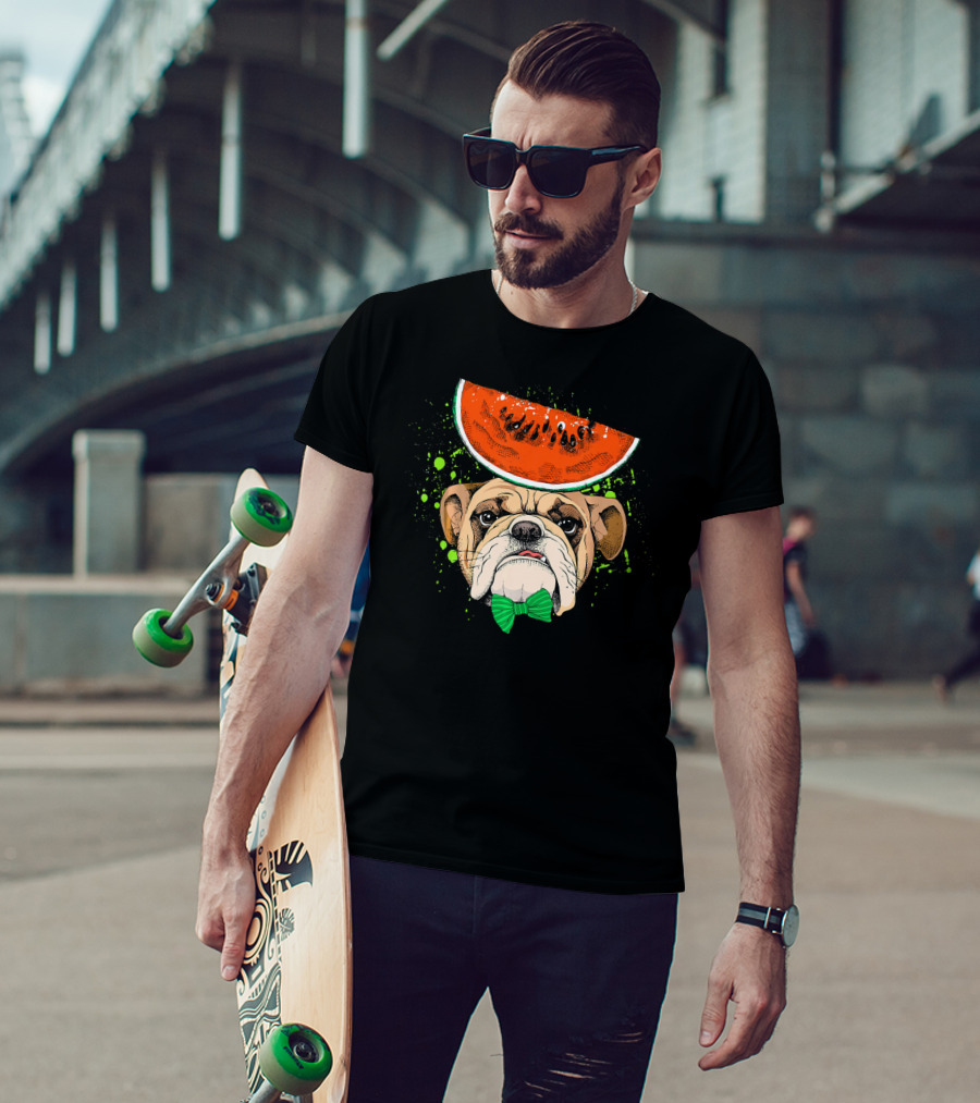 Bulldog Wearing Watermelon Hat With Green Bow Tie T-Shirt